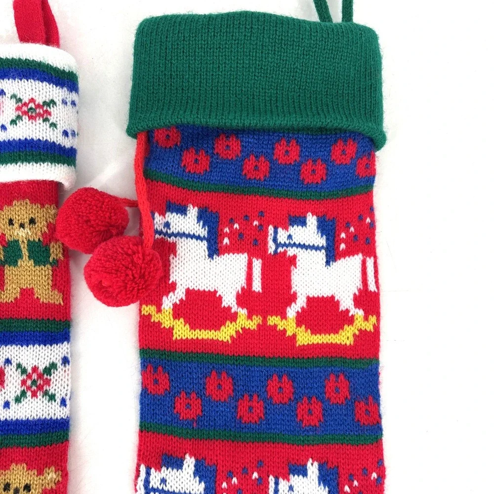VTG Christmas Stocking LOT Kurt Adler Knit Hearts & Bears &‎ NOEL Rocking Horse